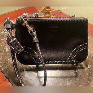 Coach Black Leather Wristlet with Silver Accents